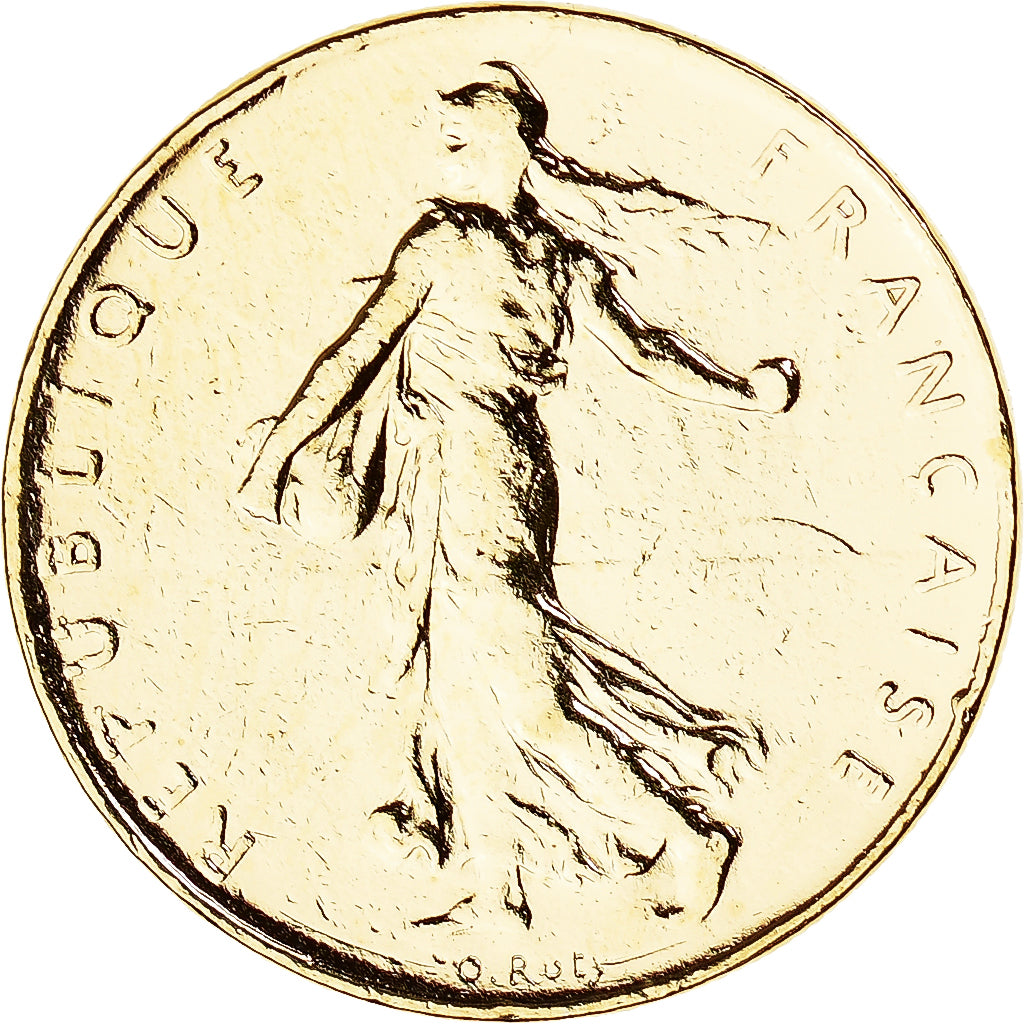Coin, France, 1 Franc, 1975, Pessac, MS(63), Gold plated