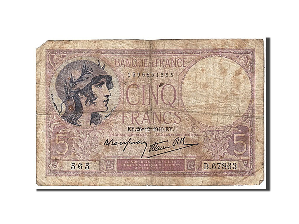 Banknote, France, 5 Francs, 5 F 1917-1940 ''Violet'', 1940, VG(8-10), KM:83