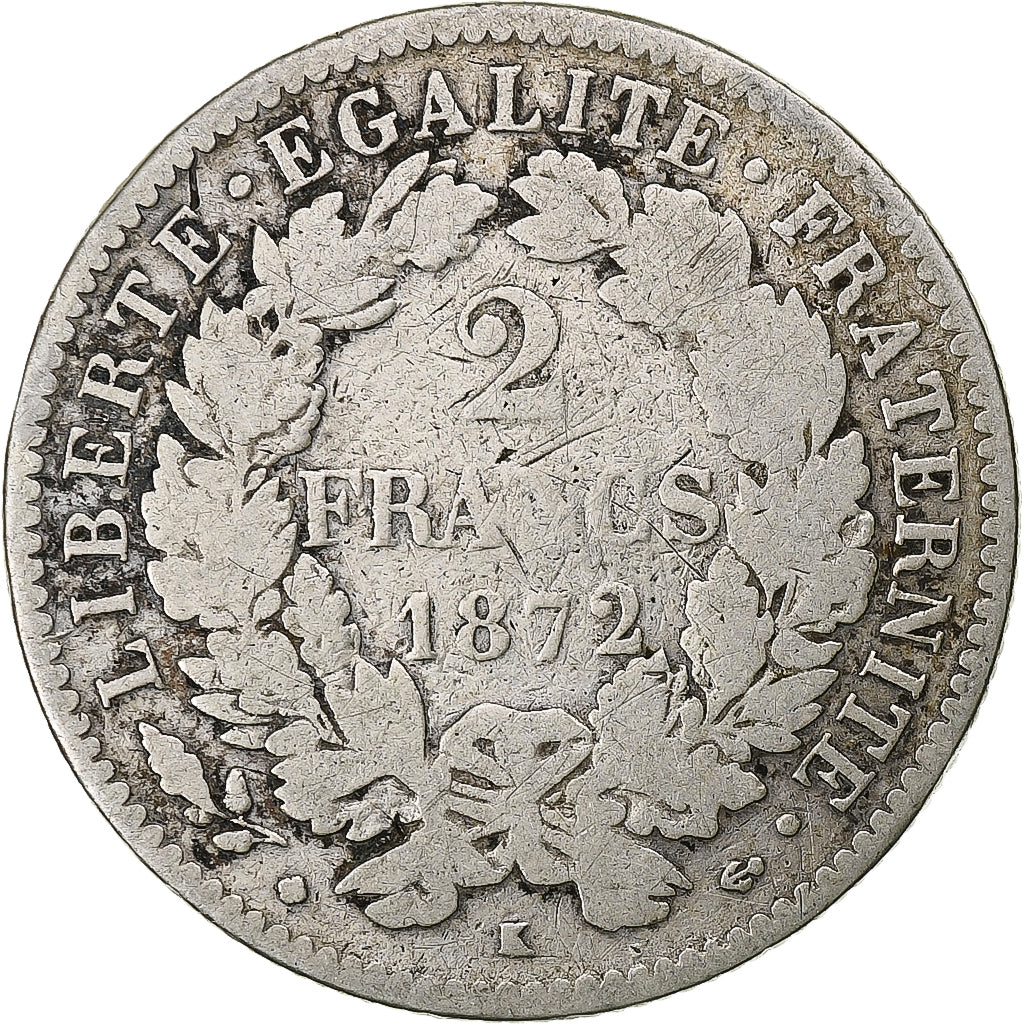 Francia, Cérès, 2 Francs, 1872, Bordeaux, MB, Argento, KM:817.2, Gadoury:530a