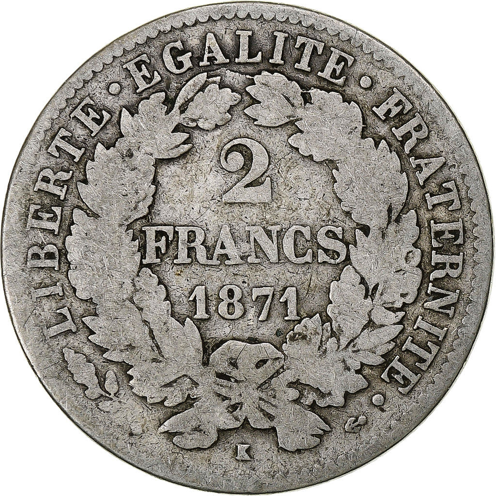 Coin, France, Cérès, 2 Francs, 1871, Bordeaux, VF(20-25), Silver, KM:816.2