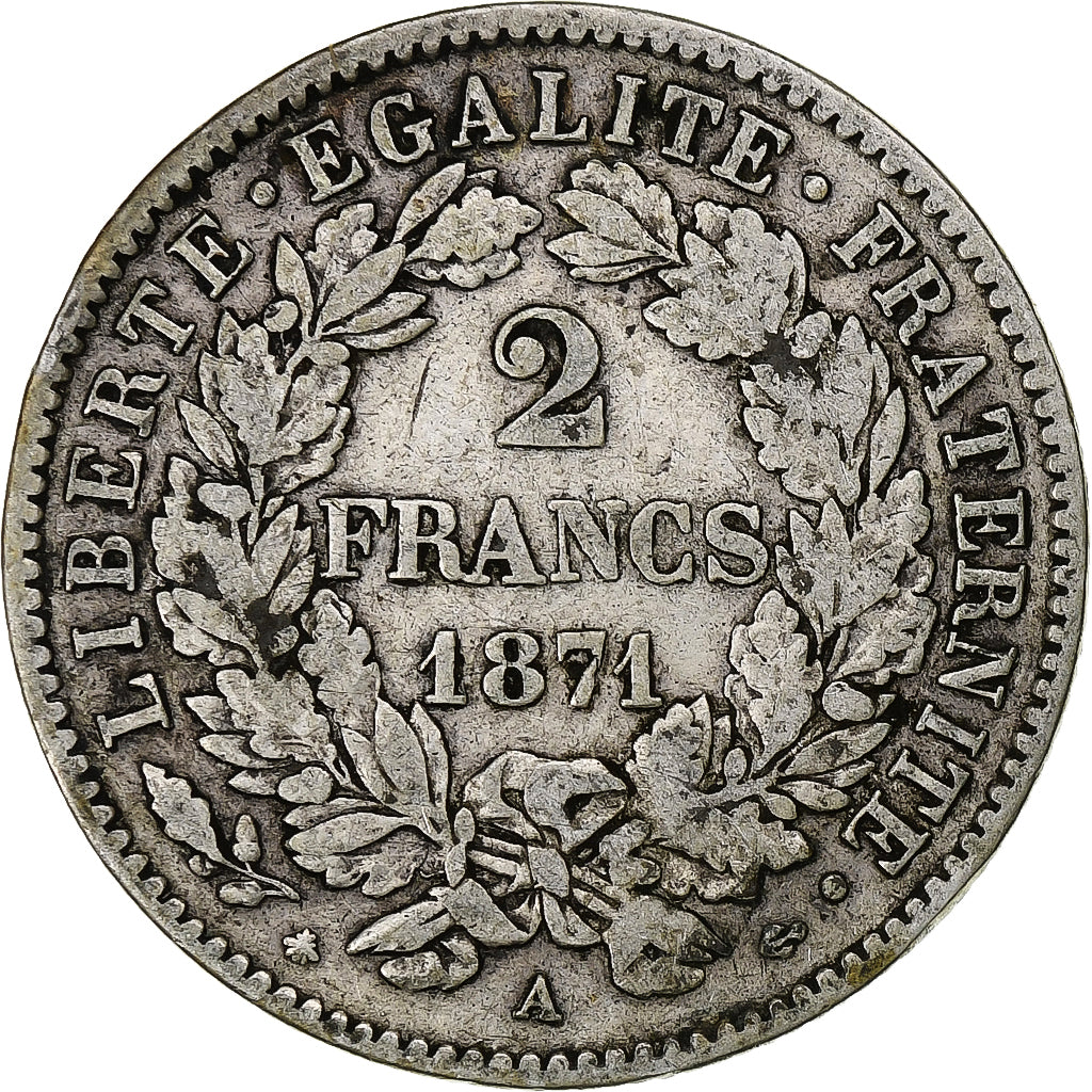 Francia, Cérès, 2 Francs, 1871, Paris, MBC, Plata, KM:817.1, Gadoury:530