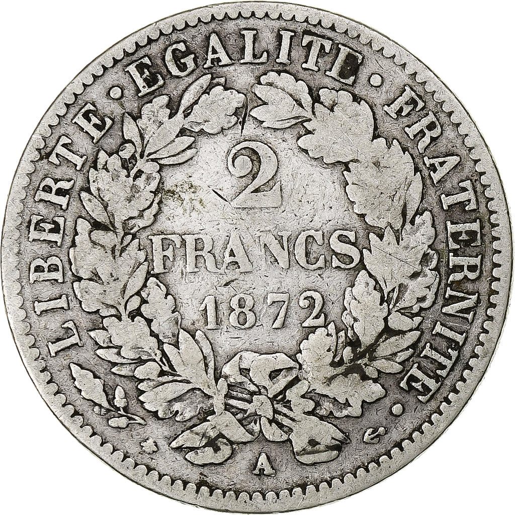 France, Cérès, 2 Francs, 1872, Paris, VF(20-25), Silver, KM:817.1