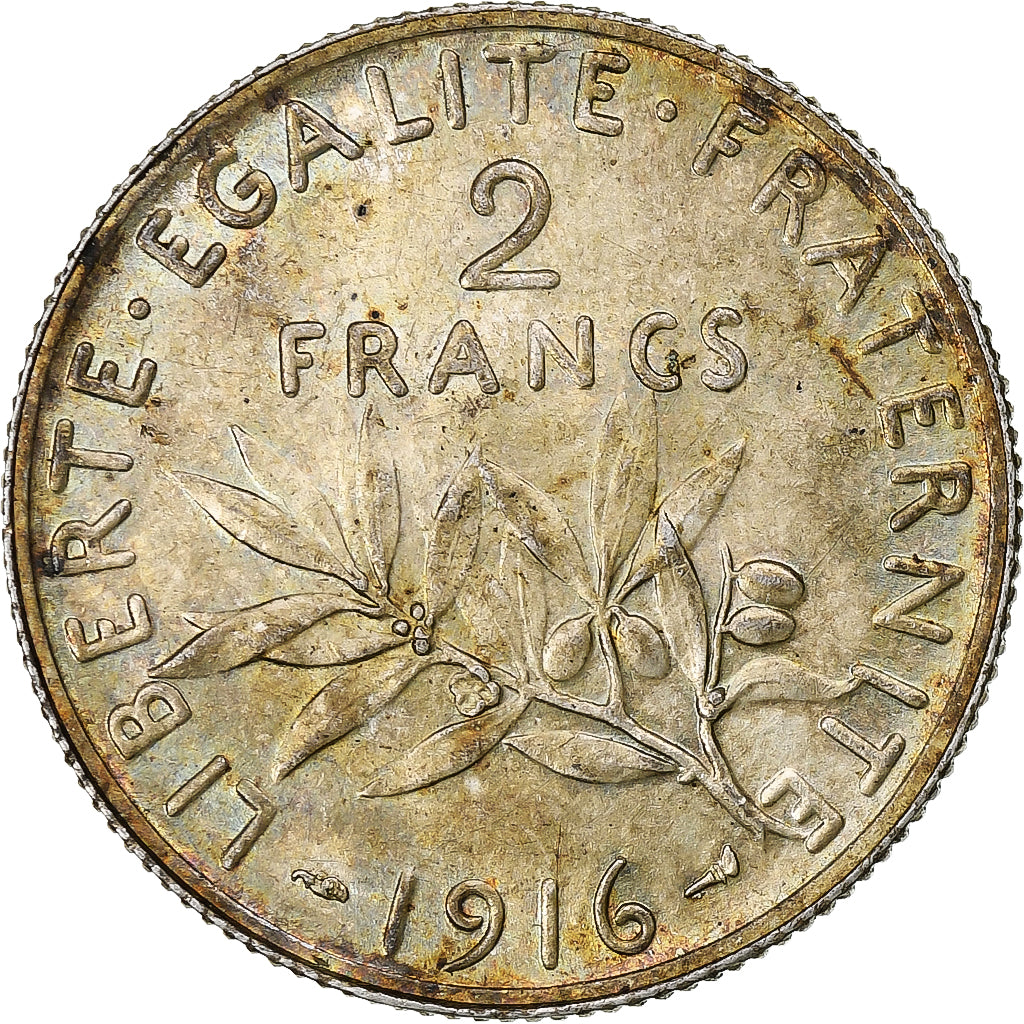 France, Semeuse, 2 Francs, 1916, Paris, MS(64), Silver, KM:845.1, Gadoury:532