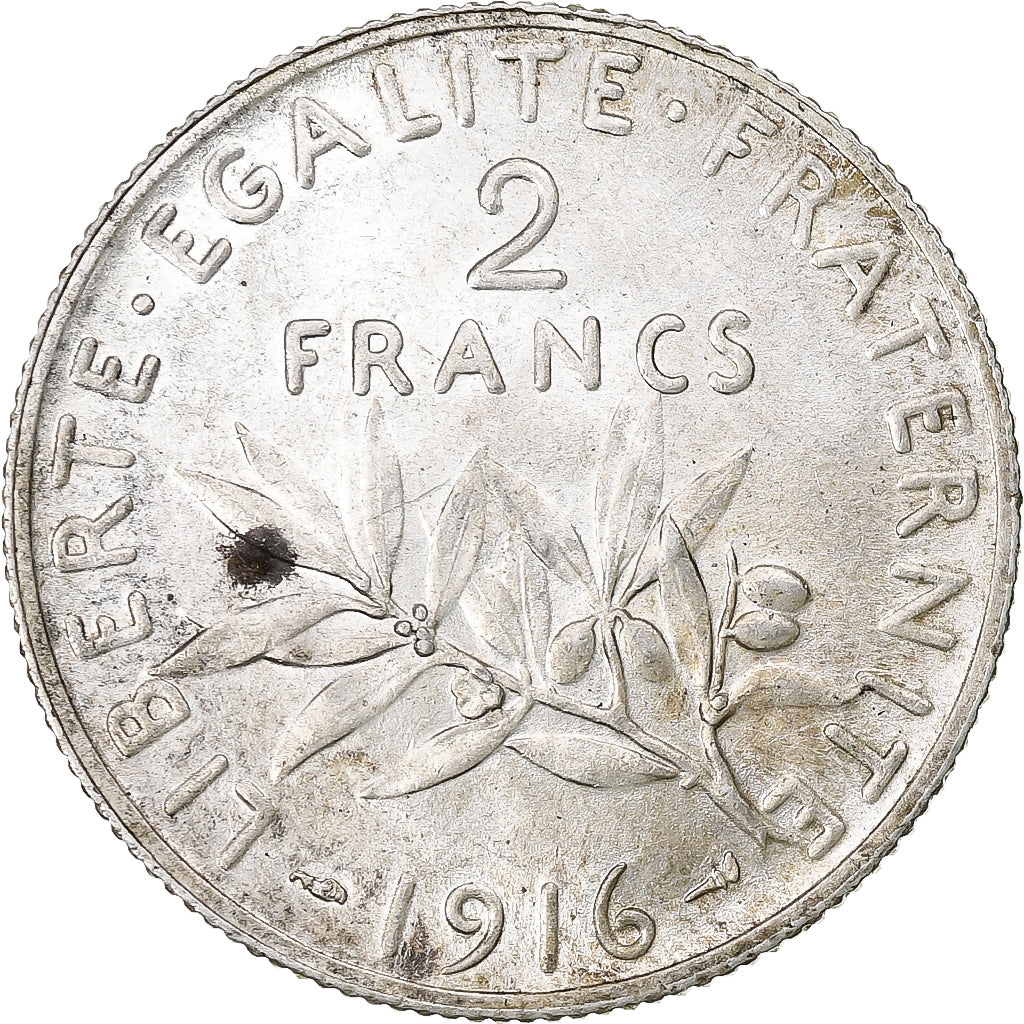 França, Semeuse, 2 Francs, 1916, Paris, MS(64), Prata, KM:845.1, Gadoury:532