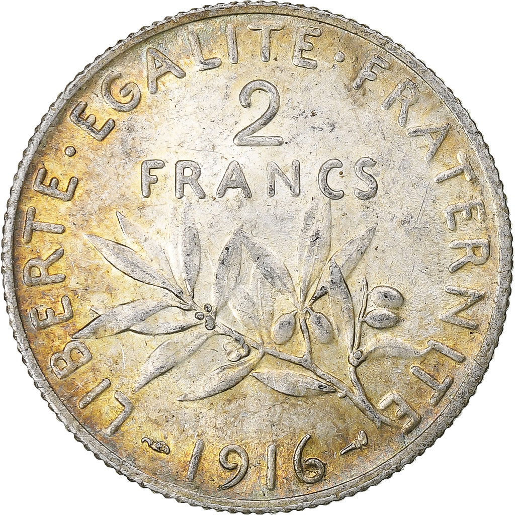 France, Semeuse, 2 Francs, 1916, Paris, MS(64), Silver, KM:845.1, Gadoury:532