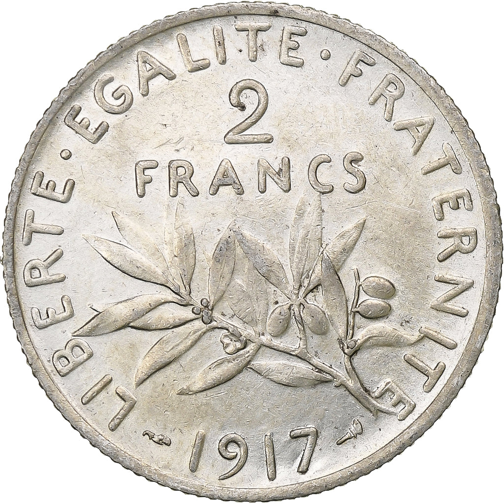 France, Semeuse, 2 Francs, 1917, Paris, MS(64), Silver, KM:845.1, Gadoury:532