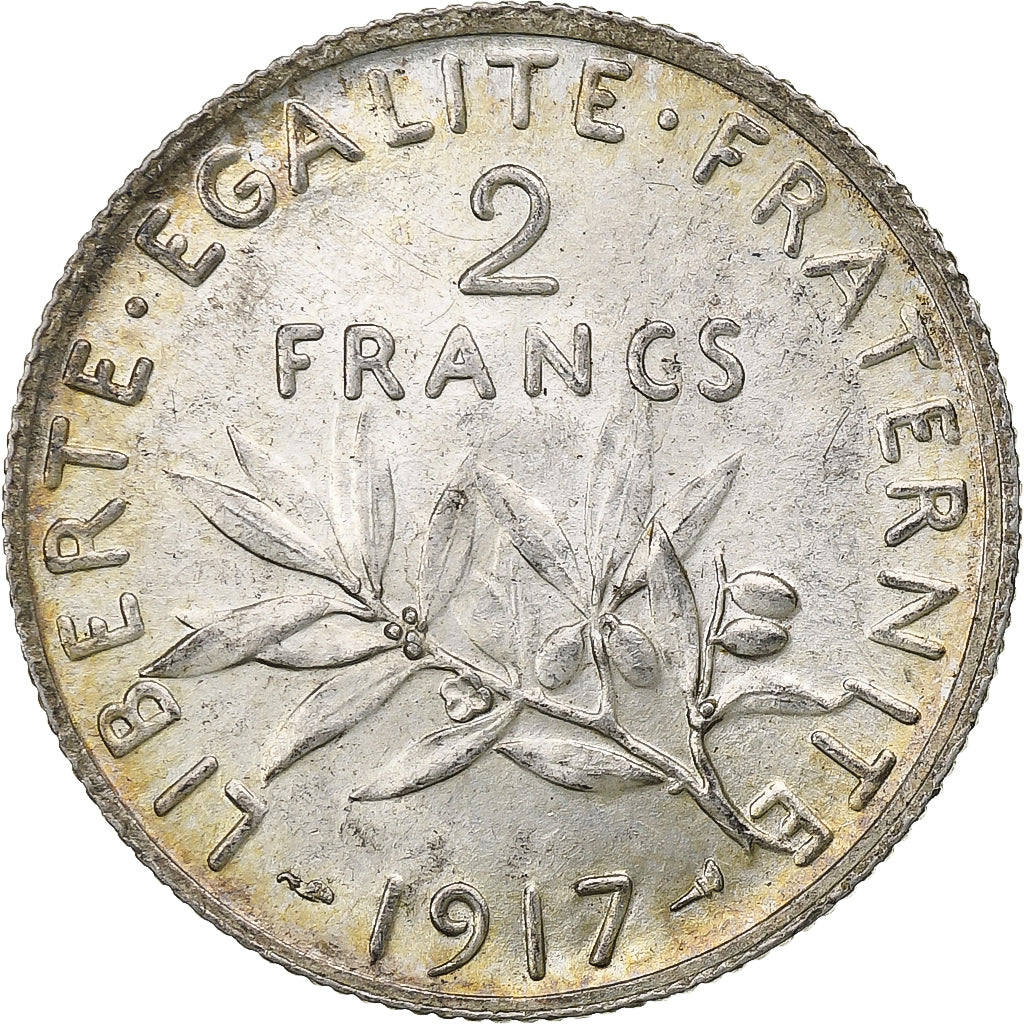 France, Semeuse, 2 Francs, 1917, Paris, MS(64), Silver, KM:845.1, Gadoury:532