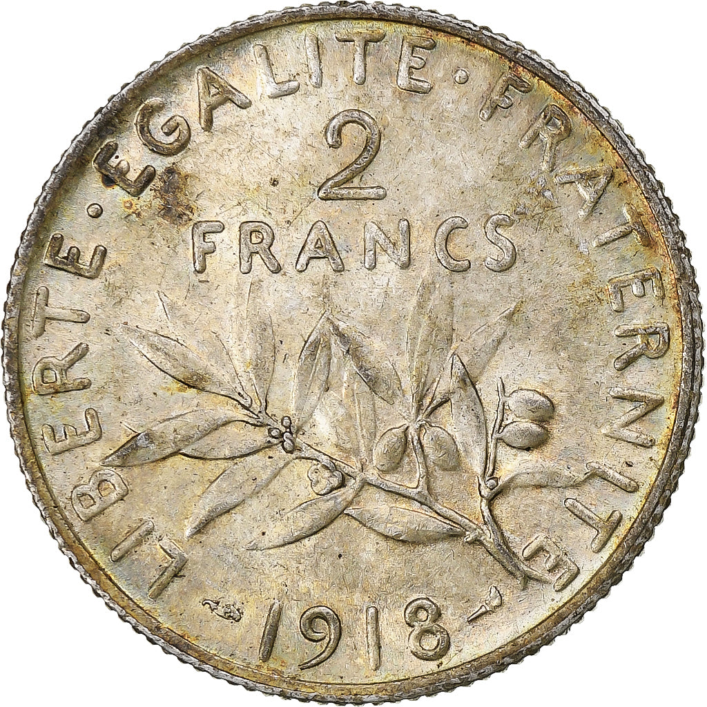 France, 2 Francs, Semeuse, 1918, Paris, Silver, MS(63), Gadoury:532, KM:845.1