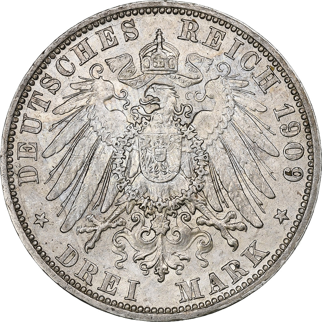 German States, PRUSSIA, Wilhelm II, 3 Mark, 1909, Berlin, Silver, AU(50-53)