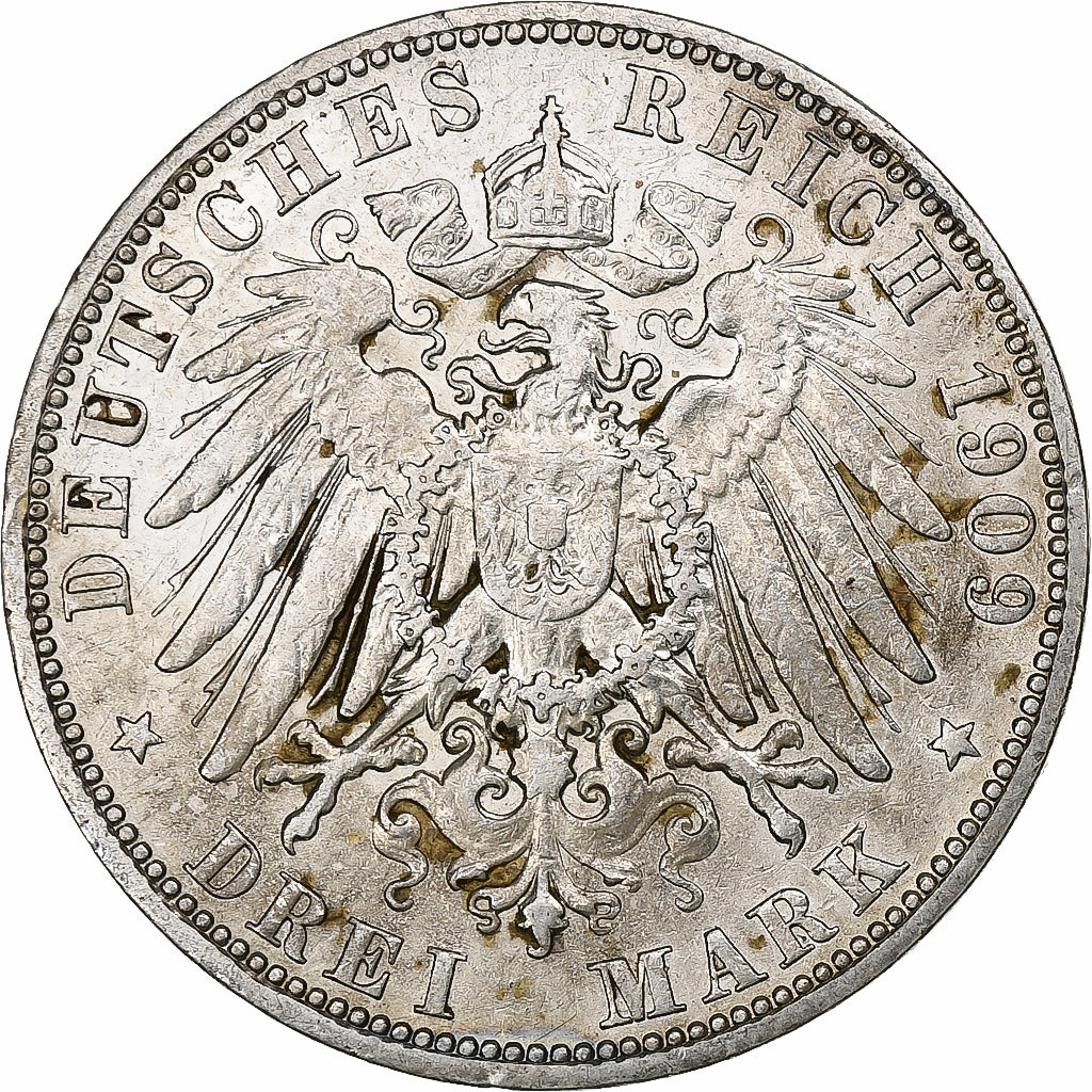 Landy niemieckie, HAMBURG, 3 Mark, 1909, Hamburg, Srebro, AU(50-53), KM:620