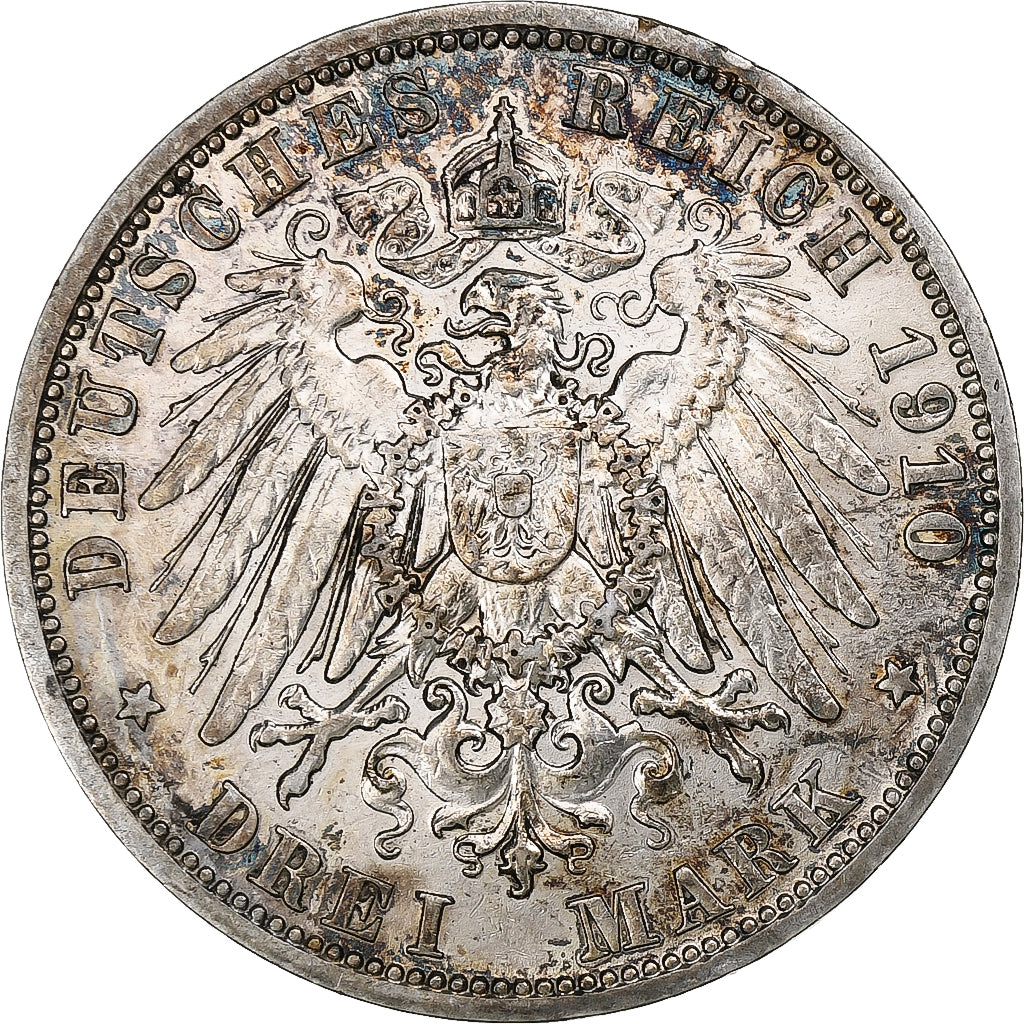 German States, PRUSSIA, Wilhelm II, 3 Mark, 1910, Berlin, Silver, AU(55-58)