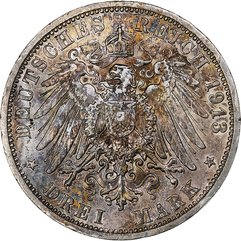 Landy niemieckie, PRUSSIA, Wilhelm II, 3 Mark, 1913, Berlin, Srebro, AU(55-58)