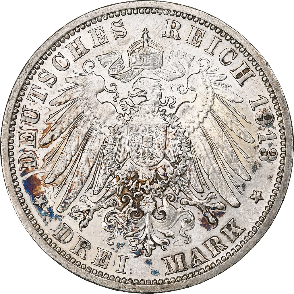 Landy niemieckie, PRUSSIA, Wilhelm II, 3 Mark, 1913, Berlin, Srebro, EF(40-45)