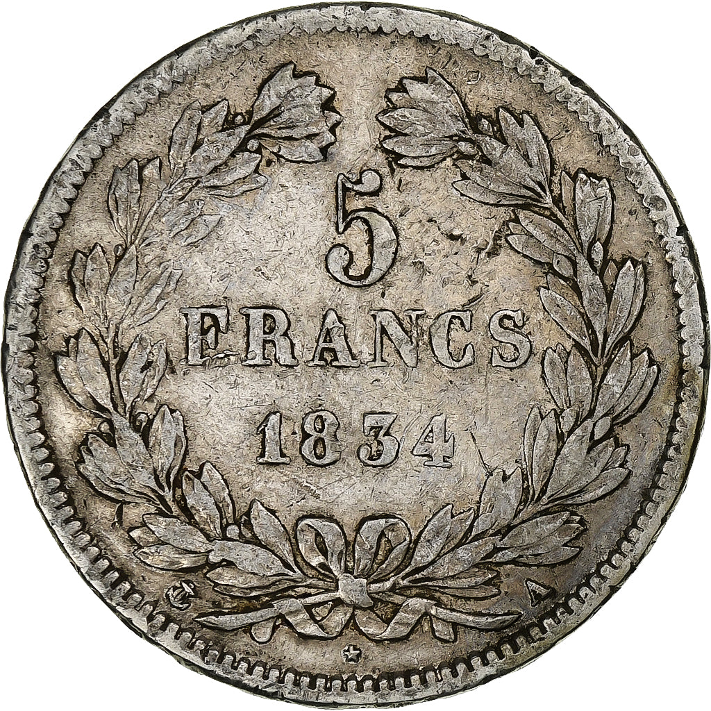 France, 5 Francs, Louis-Philippe, 1834, Paris, Silver, VF(30-35), Gadoury:678