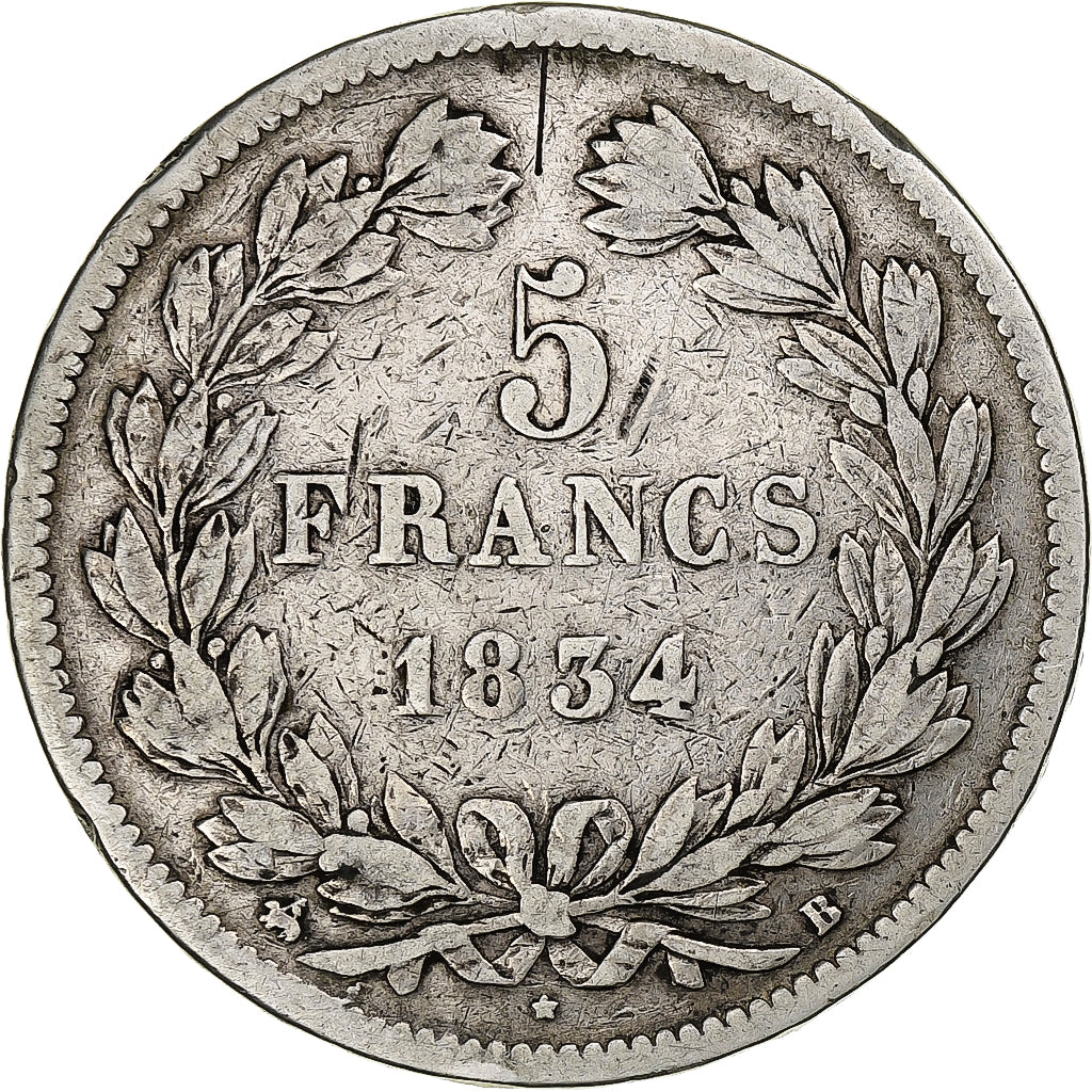 France, 5 Francs, Louis-Philippe, 1834, Rouen, Silver, VF(30-35), Gadoury:678