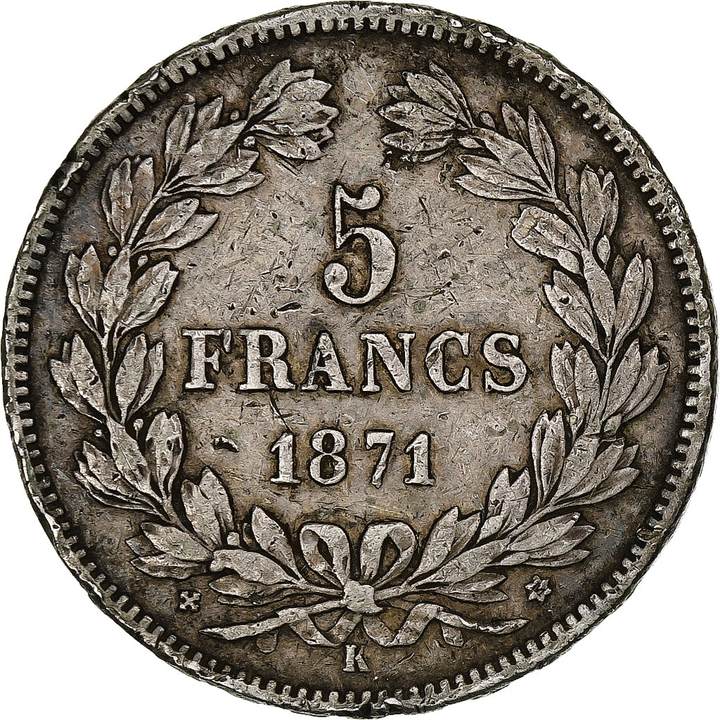 Moneta, Francia, Cérès, 5 Francs, 1871, Bordeaux, MB+, Argento, KM:818.2