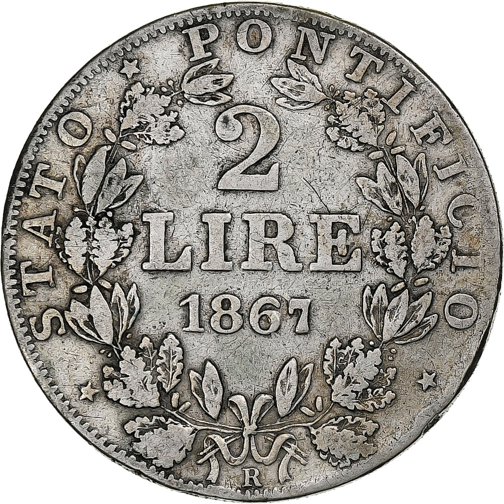 ITALIAN STATES, PAPAL STATES, Pius IX, 2 Lire, 1867, Rome, Silver, VF(30-35)