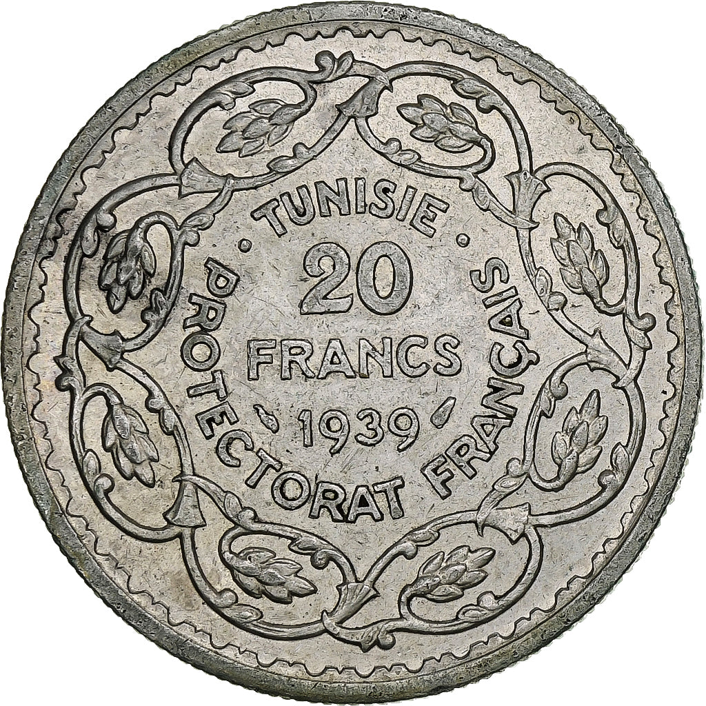 Tunisia, Ahmad Pasha Bey, 20 Francs, 1939, Paris, Srebro, AU(50-53)