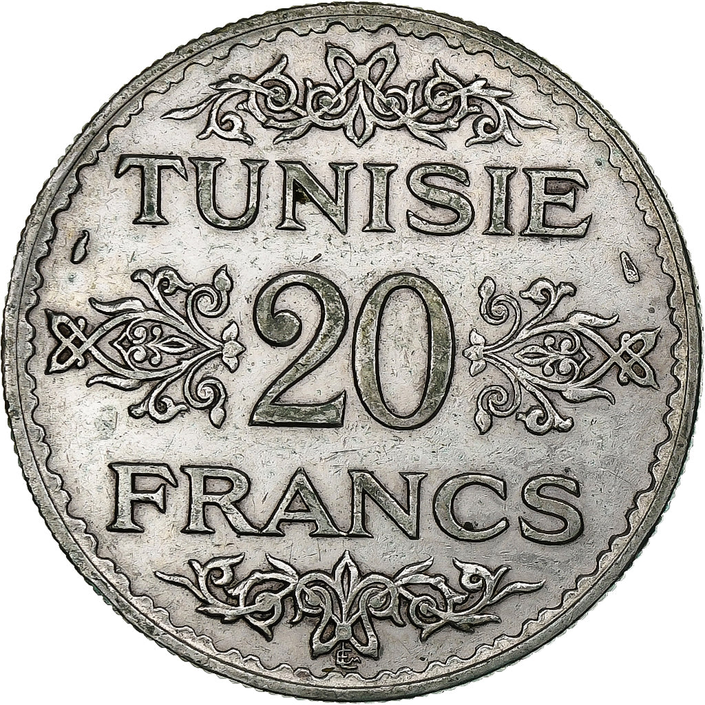 Tunisia, Ahmad Pasha Bey, 20 Francs, 1934, Paris, Silver, AU(50-53)