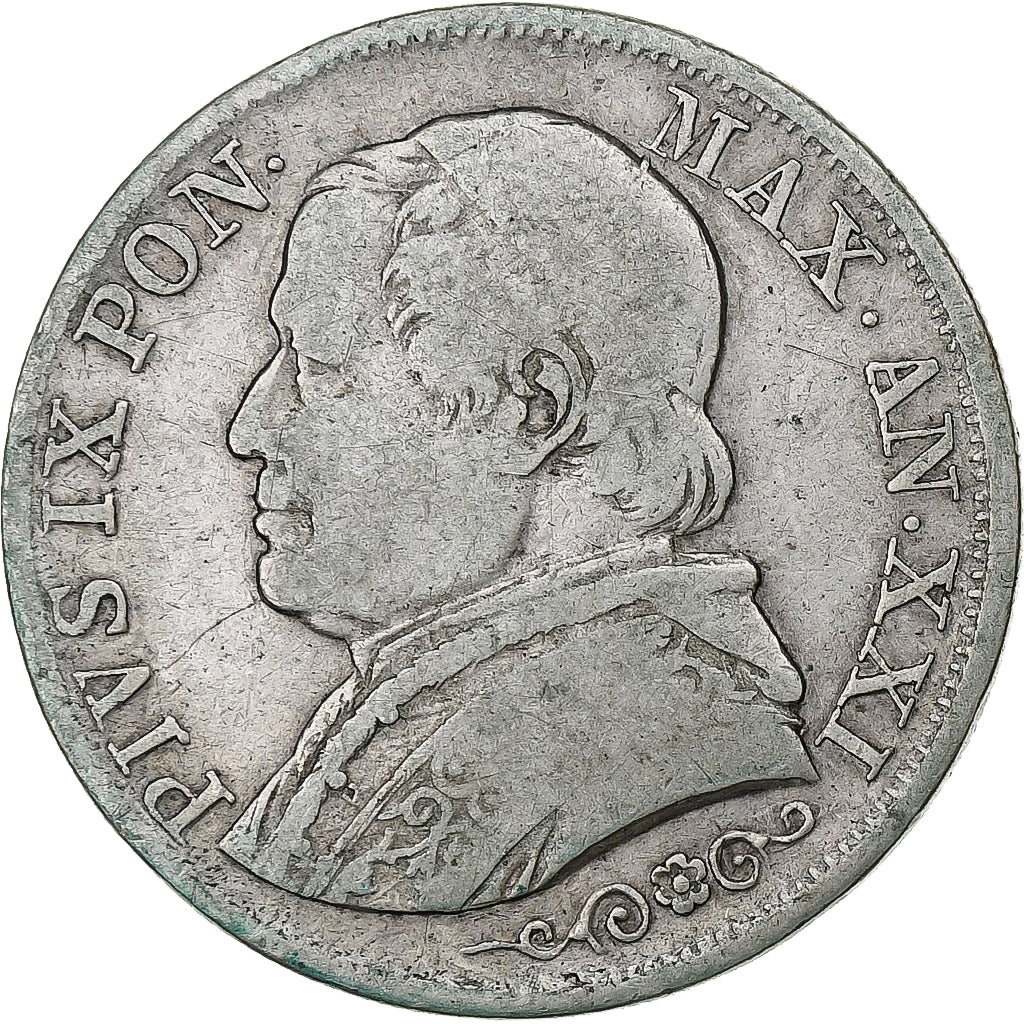 ESTADOS ITALIANOS, PAPAL STATES, Pius IX, Lira, 1866, Rome, Prata, VF(30-35)