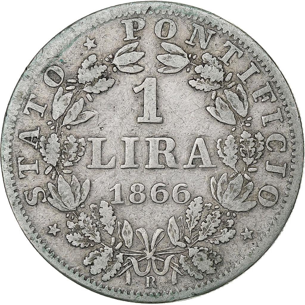 ESTADOS ITALIANOS, PAPAL STATES, Pius IX, Lira, 1866, Rome, Prata, VF(30-35)