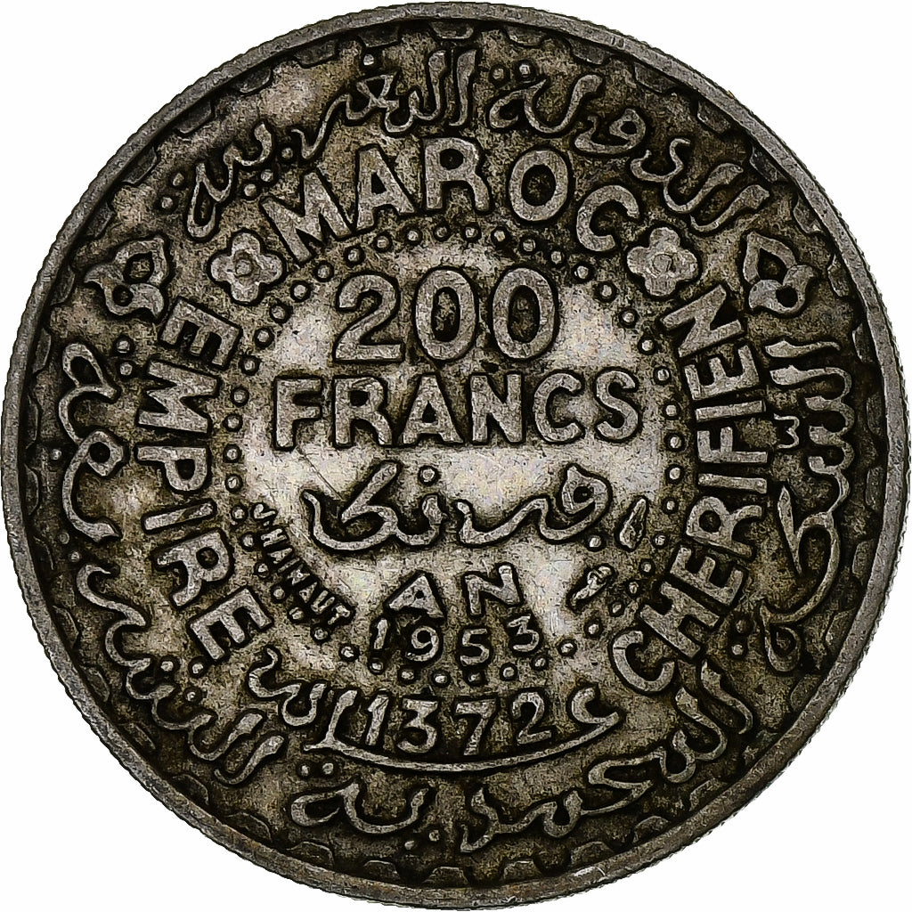 Morocco, Mohammed V, 200 Francs, 1953, Paris, Silver, EF(40-45), KM:53