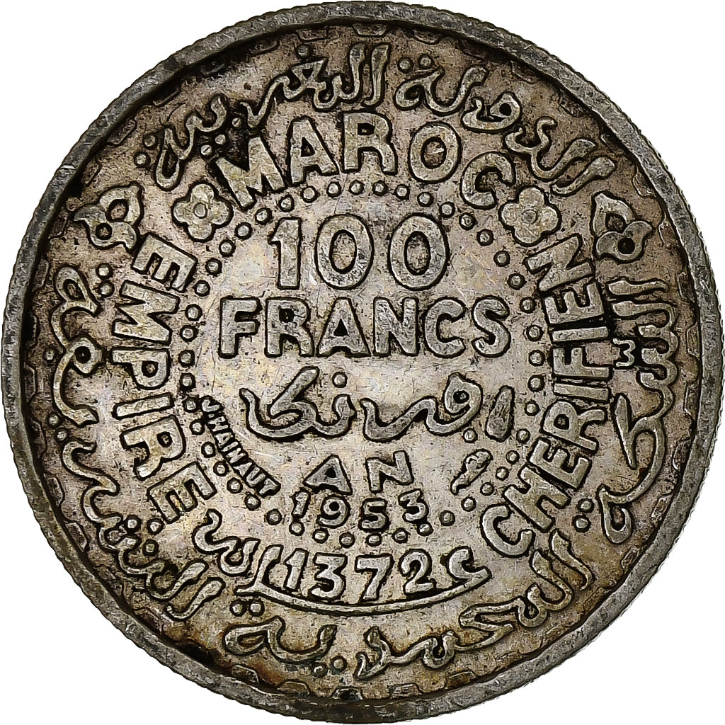 Morocco, Mohammed V, 100 Francs, 1953, Paris, Silver, EF(40-45), KM:52