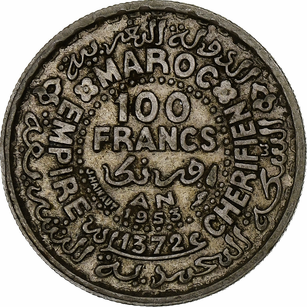 Morocco, Mohammed V, 100 Francs, 1953, Paris, Silver, EF(40-45), KM:52