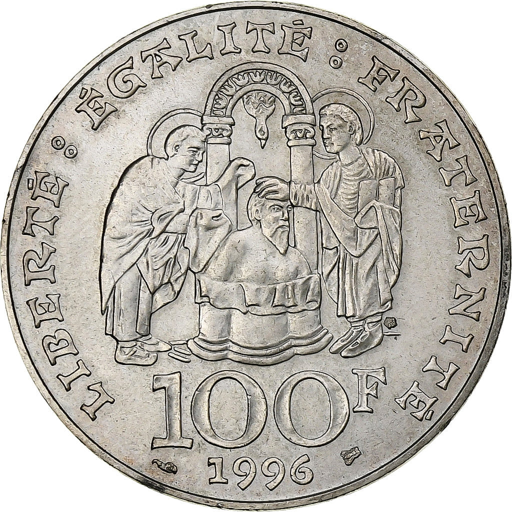 Moeda, França, Clovis, 100 Francs, 1996, MS(60-62), Prata, KM:1180, Gadoury:953