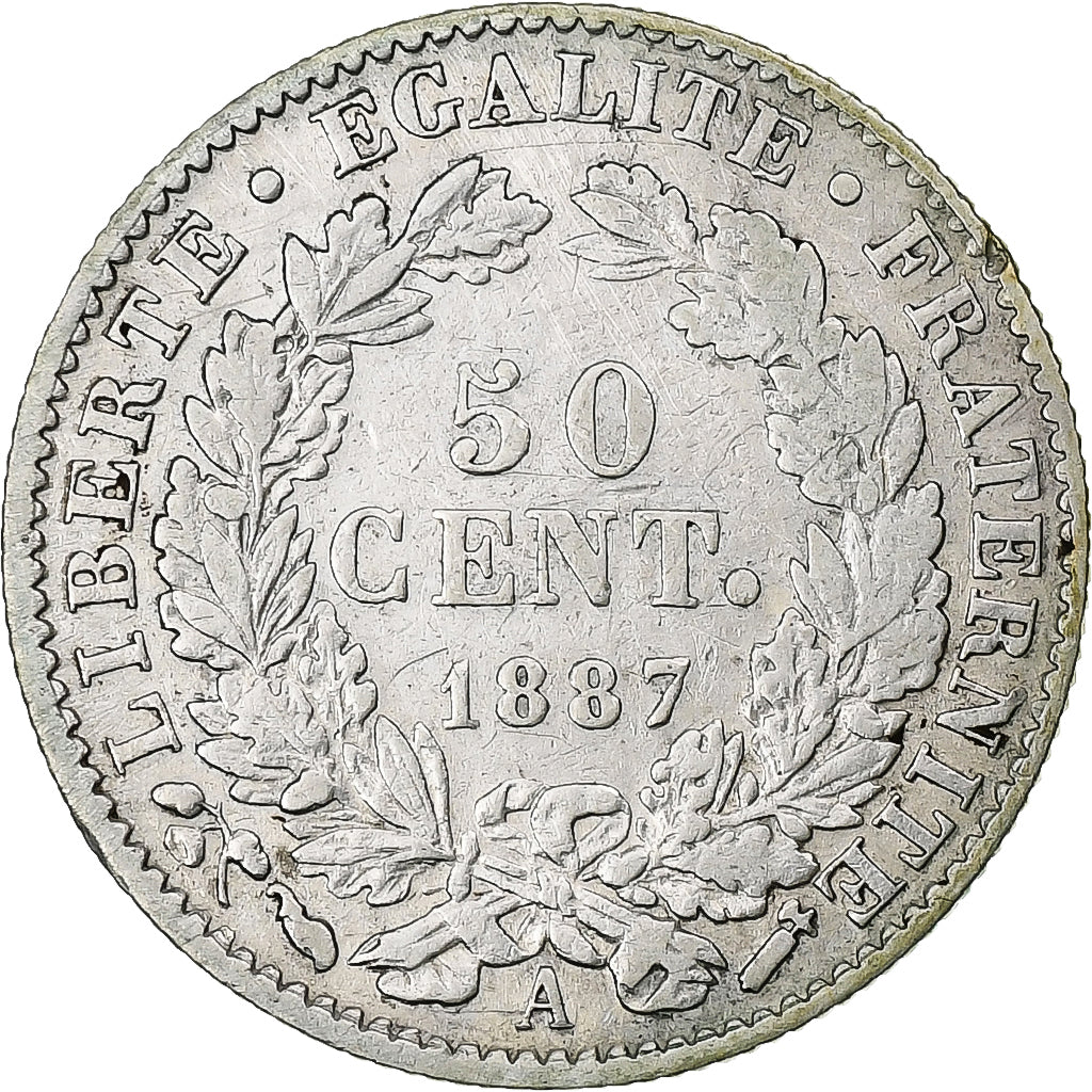 França, 50 Centimes, Cérès, 1887, Paris, Prata, EF(40-45), KM:834.1