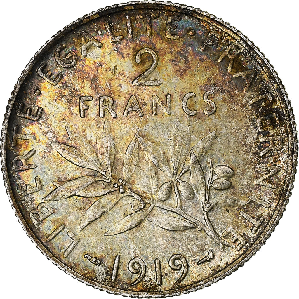 France, 2 Francs, Semeuse, 1919, Paris, Silver, MS(63), Gadoury:532, KM:845.1