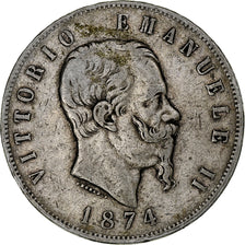Itália, Vittorio Emanuele II, 5 Lire, 1874, Milan, Prata, EF(40-45), KM:8.3