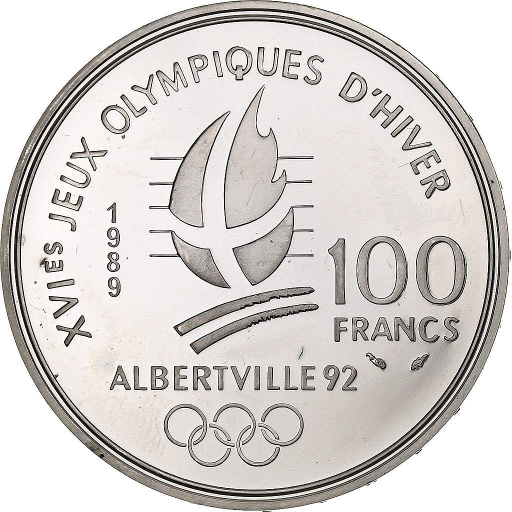 France, 100 Francs, Ice Skating Couple, 1989, Albertville 92, Silver, MS(60-62)