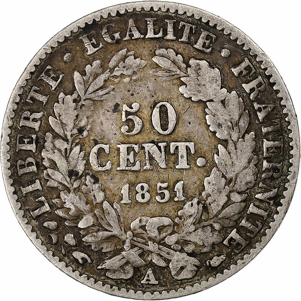France, 50 Centimes, 1851, Paris, Silver, VF(30-35), Gadoury:411, KM:769.1