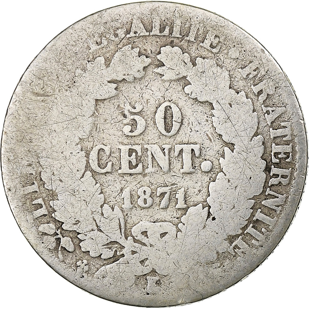 France, 50 Centimes, Cérès, 1871, Bordeaux, Silver, VF(20-25), Gadoury:419