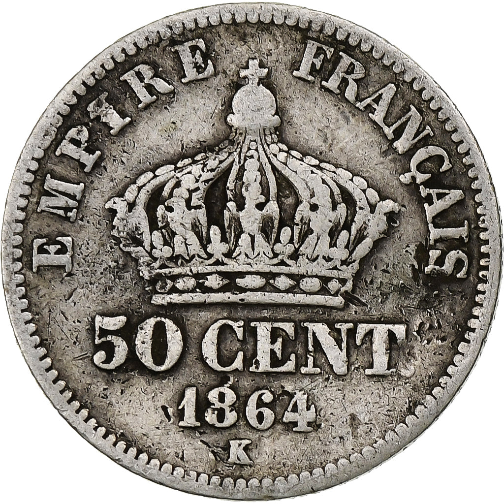 France, Napoleon III, 50 Centimes, 1864, Bordeaux, Silver, VF(30-35)