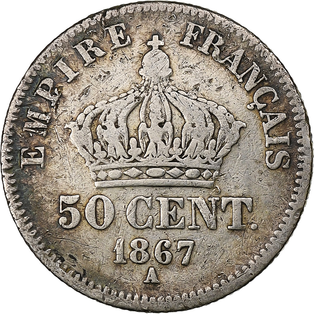 France, Napoleon III, 50 Centimes, Napoléon III, 1867, Paris, Silver