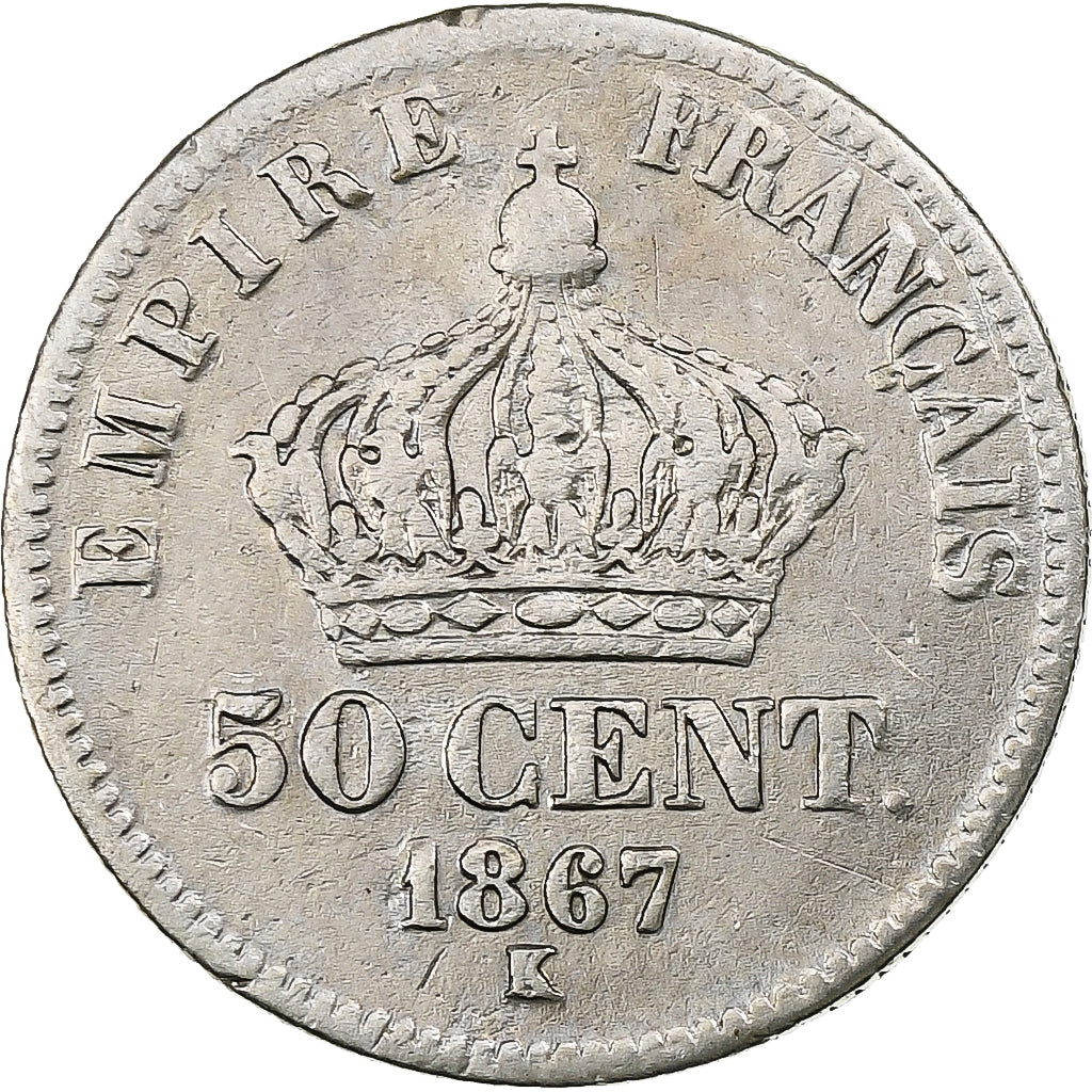 France, Napoleon III, 50 Centimes, 1867, Bordeaux, Silver, VF(20-25)