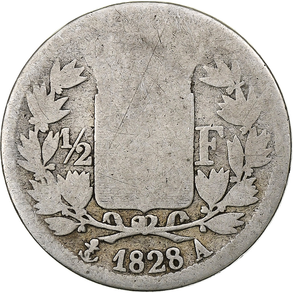 Frankrijk, 1/2 Franc, Charles X, 1828, Paris, Zilver, ZG+, Gadoury:402, KM:723.1