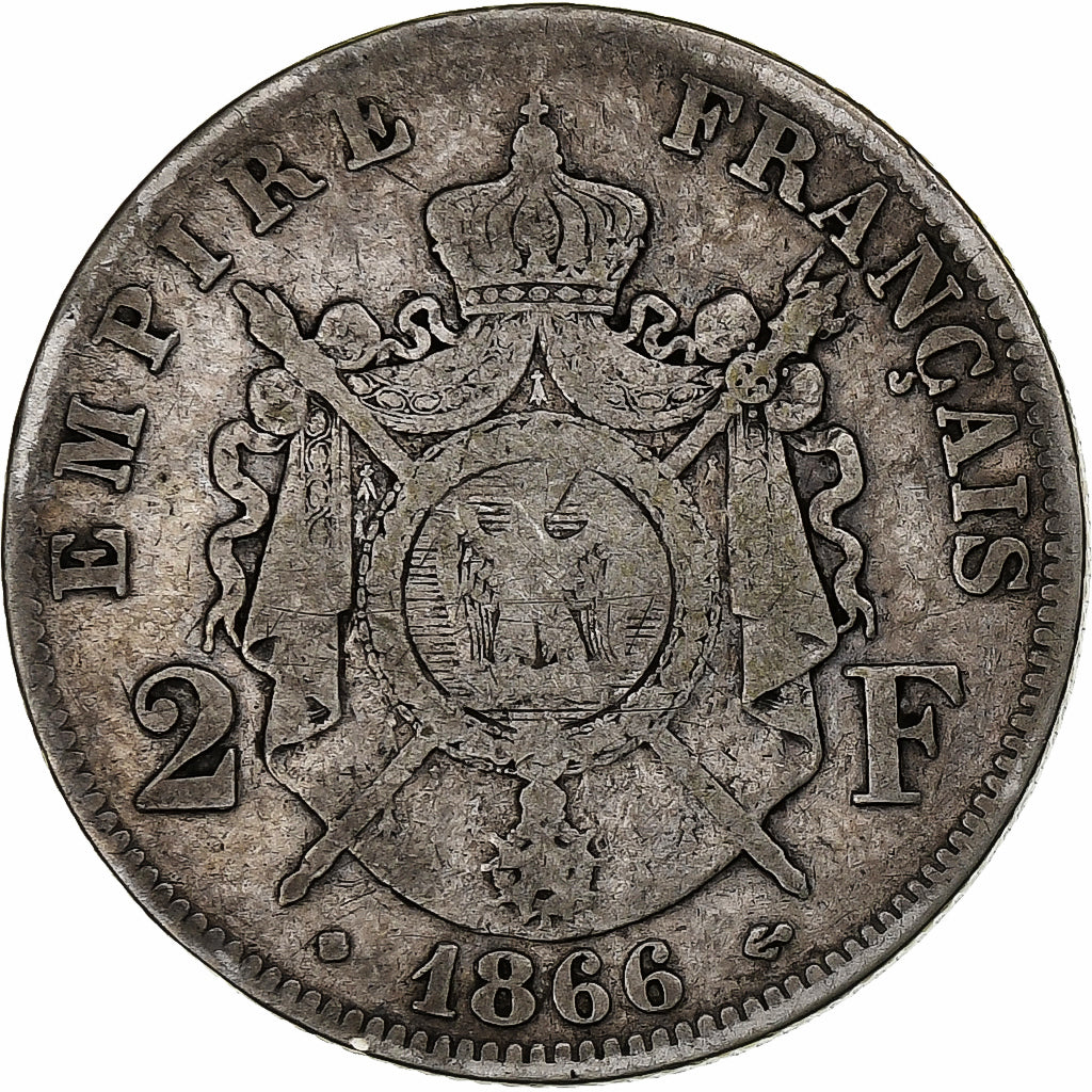 France, Napoléon III, 2 Francs, Napoléon III, 1866, Strasbourg, Argent, TB