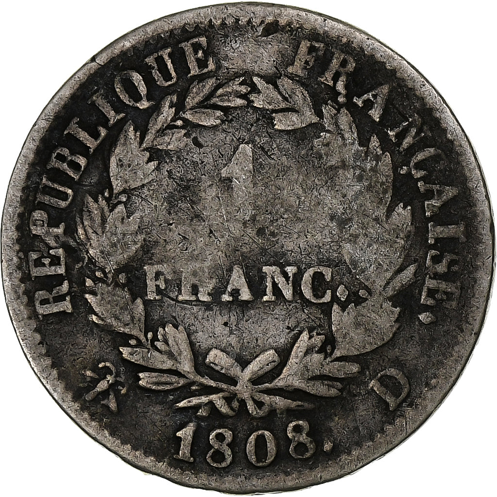 Francja, Franc, Napoléon I, 1808, Lyon, Srebro, VF(20-25), Gadoury:446