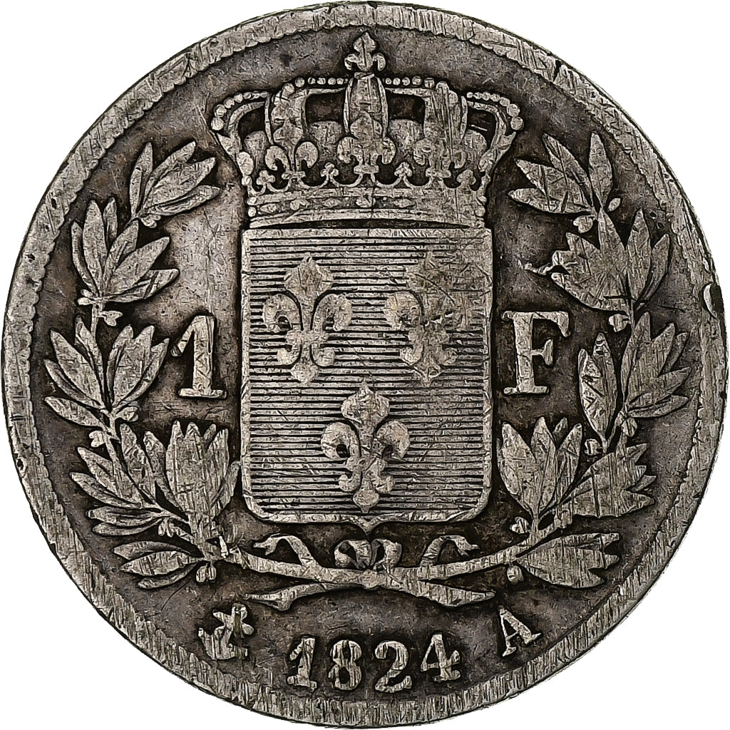 Francja, Louis XVIII, Franc, Louis XVIII, 1824, Paris, Srebro, VF(30-35)