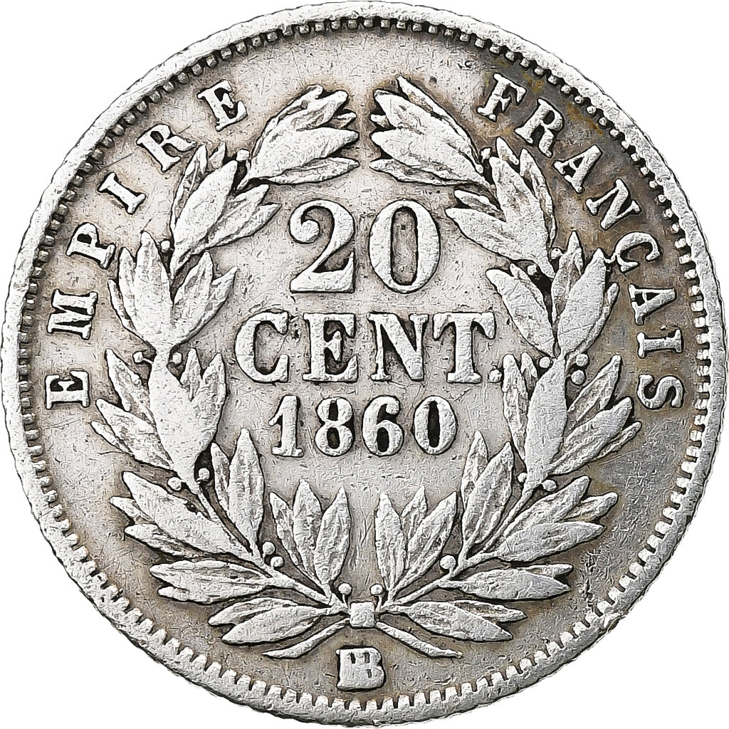 France, Napoleon III, 20 Centimes, Napoléon III, 1860, Strasbourg, Silver