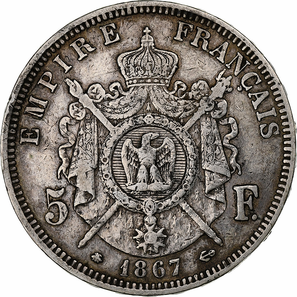 France, Napoleon III, 5 Francs, 1867, Paris, Silver, VF(20-25), KM:799.1