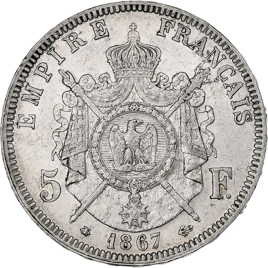 France, Napoleon III, 5 Francs, 1867, Paris, Silver, VF(20-25), KM:799.1
