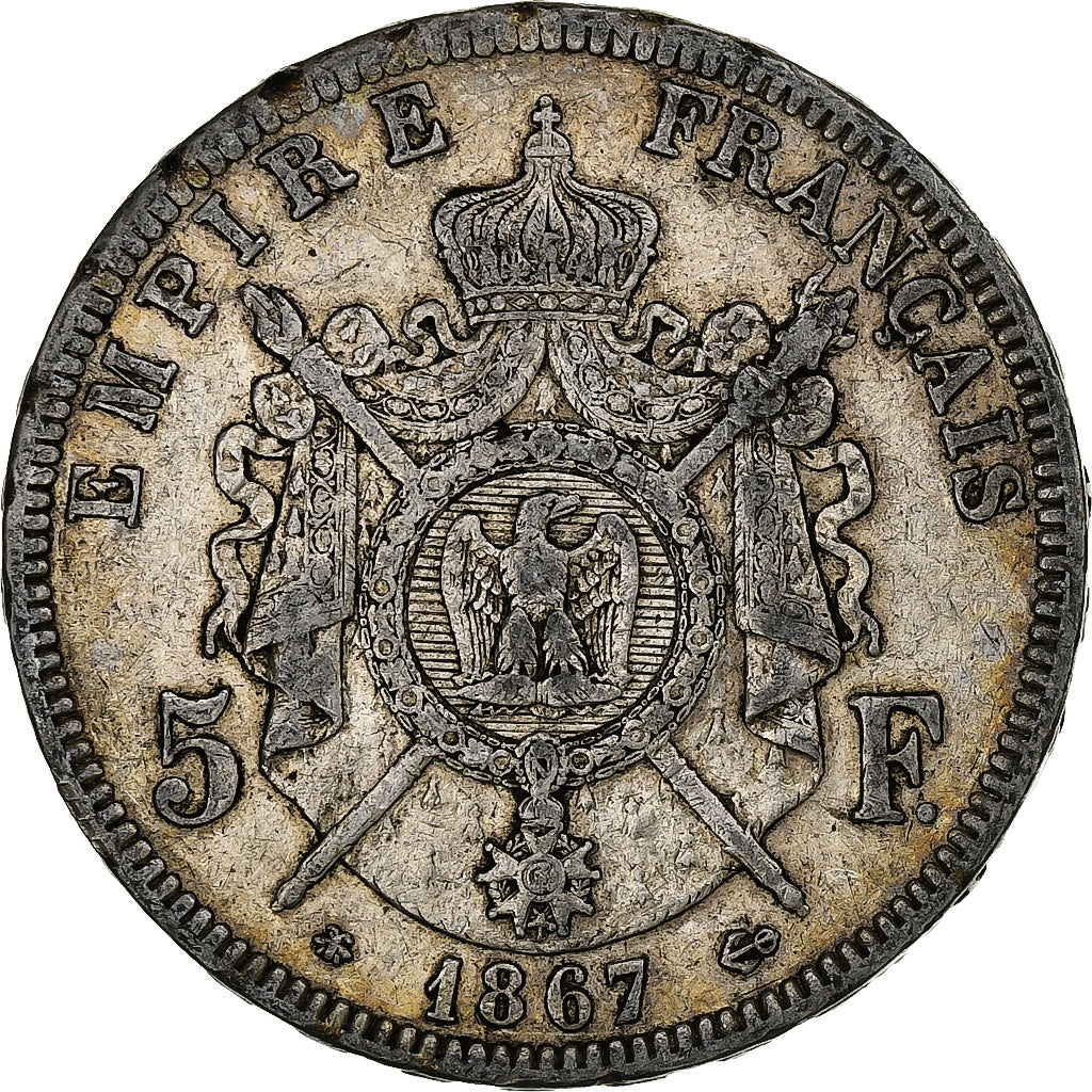 France, Napoleon III, 5 Francs, 1867, Paris, Silver, VF(30-35), KM:799.1