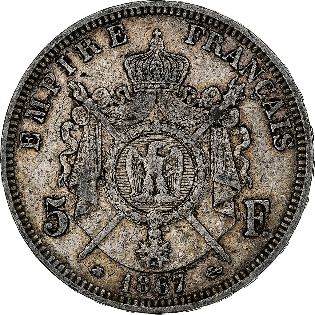 France, Napoleon III, 5 Francs, 1867, Paris, Silver, VF(30-35), KM:799.1