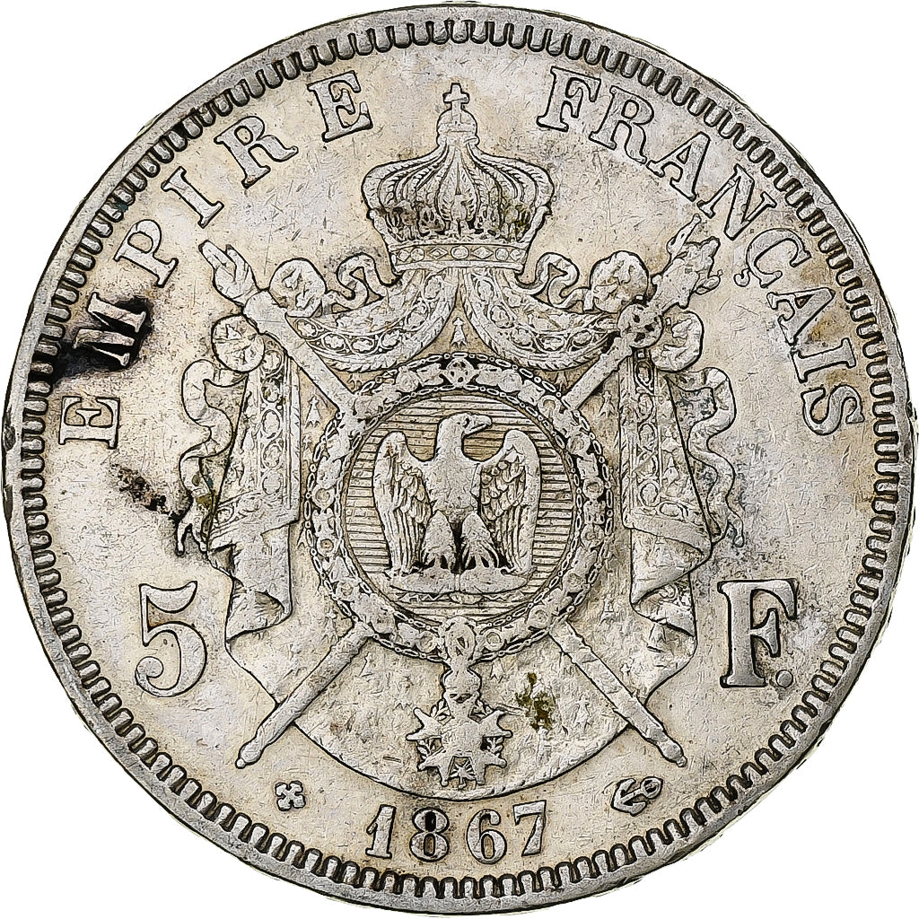 Francia, Napoleon III, 5 Francs, 1867, Strasbourg, Argento, MB+, Gadoury:739