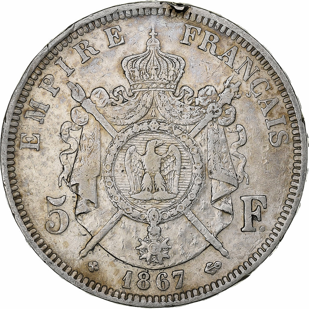 France, Napoleon III, 5 Francs, 1867, Strasbourg, Silver, VF(30-35)