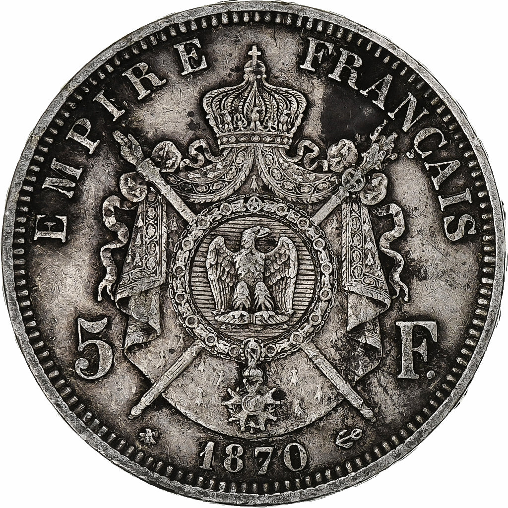 França, Napoleon III, 5 Francs, 1870, Paris, Prata, VF(30-35), Gadoury:739
